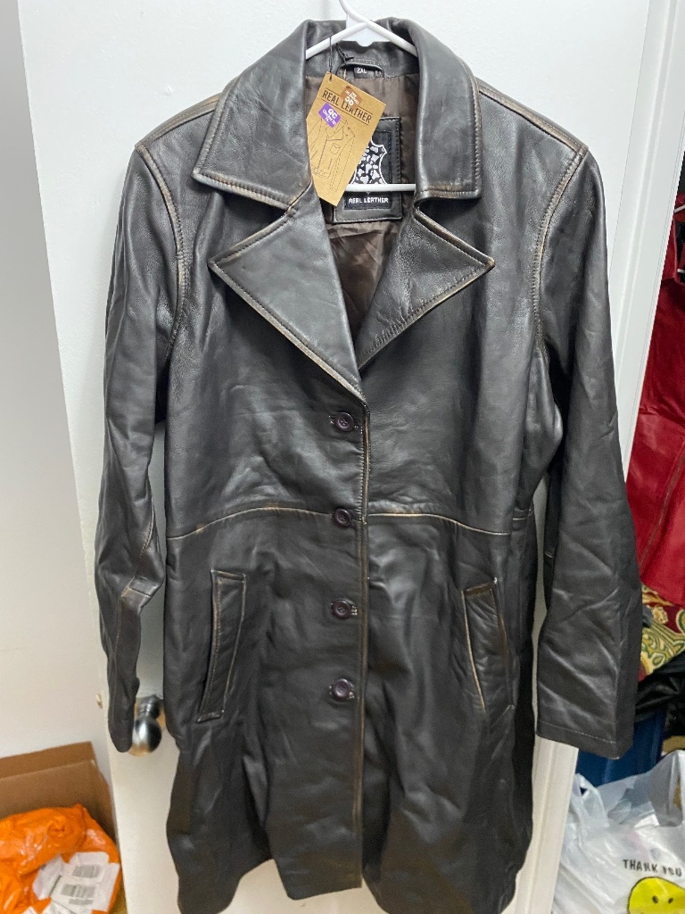 Vintage Style Real Leather Distressed Trench Coat -  2XL -